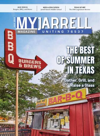 July 2025 cover of MyJarrell: a vintage BBQ arrow sign above a red bar-b-q stand.