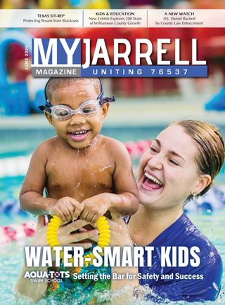 June 2025 cover of MyJarrell: a smiling child in goggles with a swim instructor in a pool.