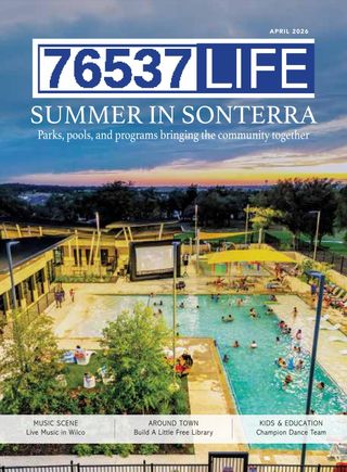 April 2026 cover of 76537 Life: an aerial view of a Sonterra community pool at sunset.