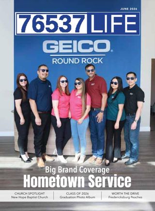 June 2026 cover of 76537 Life: the GEICO Round Rock team in sunglasses in front of a blue GEICO wall.