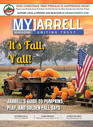 October 2025 cover of MyJarrell: a vintage truck loaded with pumpkins beside an American flag.