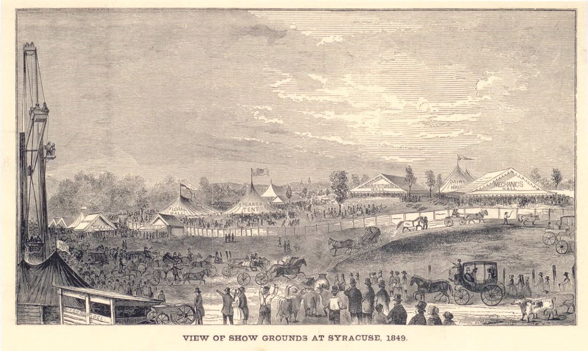 Engraving of crowds, carriages and tents on the fair show grounds at Syracuse