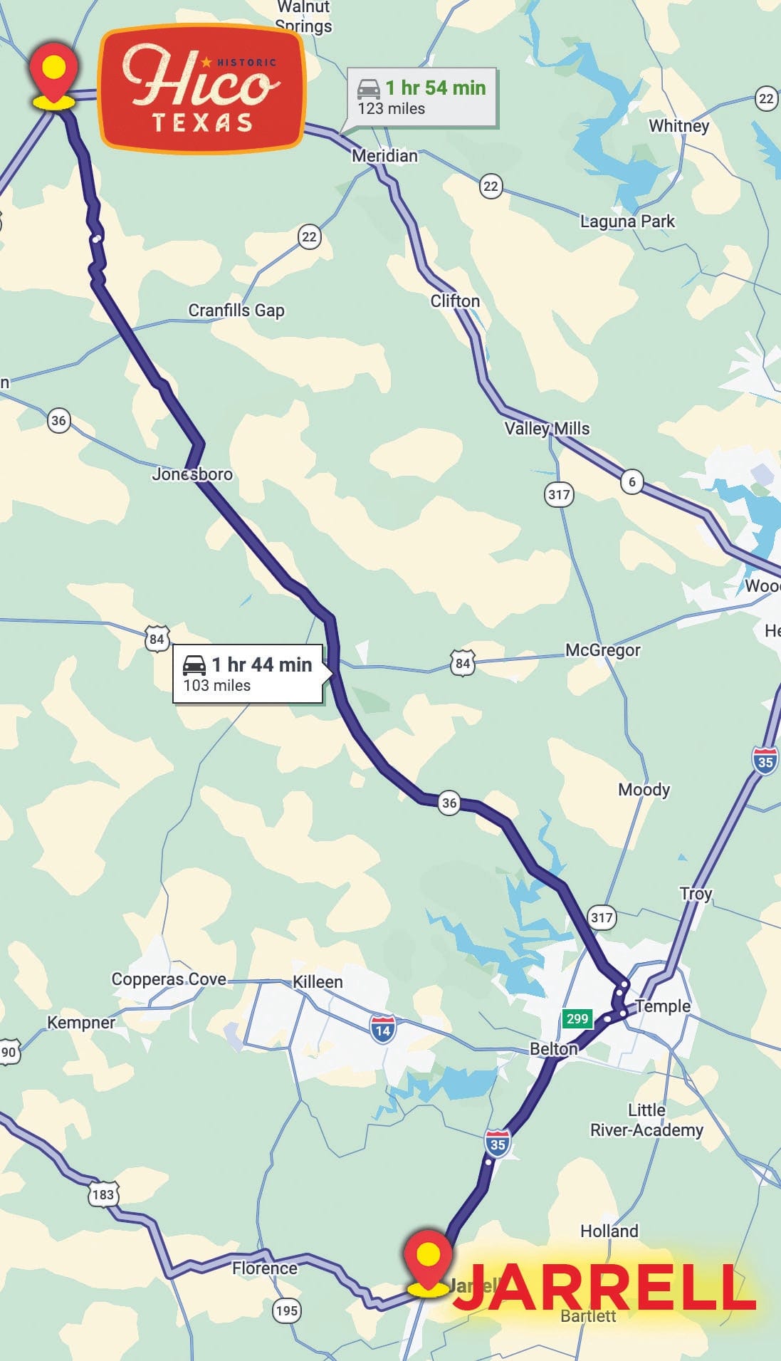 Map showing the driving route from Jarrell north through Temple to Hico, about 1 hour 44 minutes and 103 miles