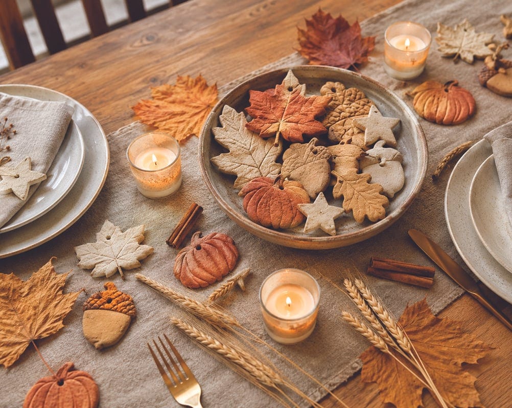 A wooden table set for fall with a bowl of leaf-, pumpkin- and star-shaped salt-dough ornaments, lit candles, cinnamon sticks, wheat stalks and dried leaves.
