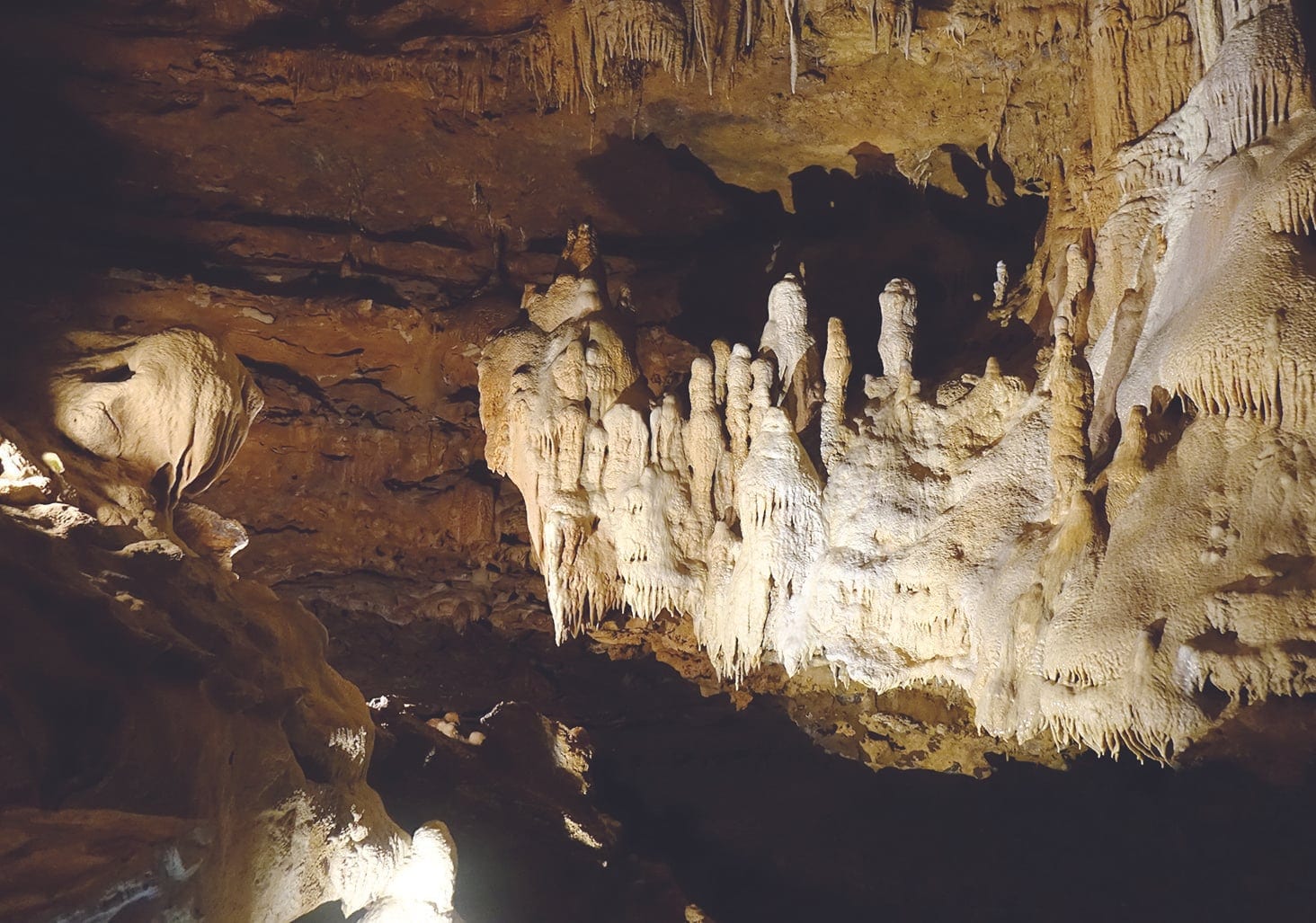 Pale, dripping limestone cave formations lit up against dark rock inside a cavern