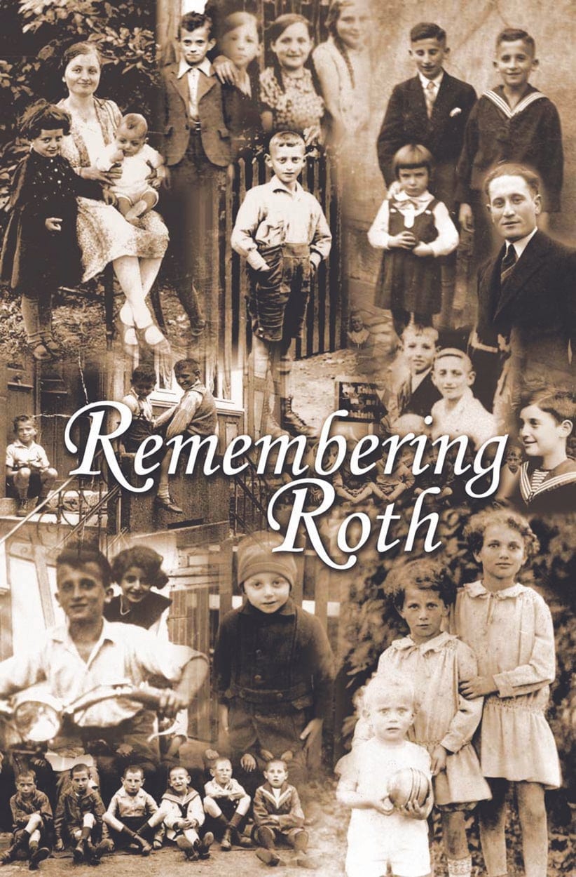 Sepia collage of old family photographs of children and adults, with the words Remembering Roth across the center